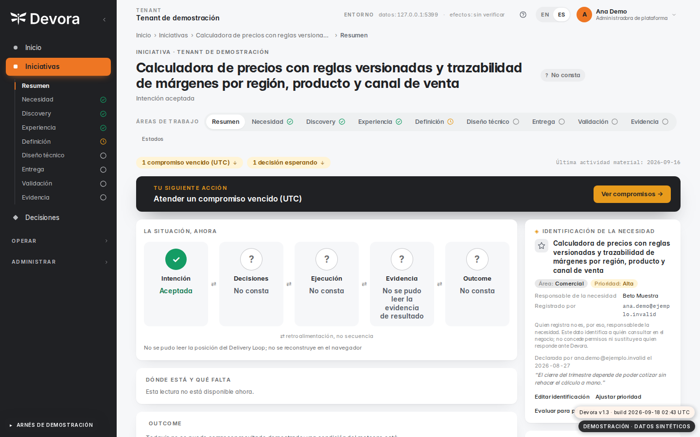Tira «La situación, ahora» de una iniciativa: Intención aceptada, y a su lado Decisiones, Ejecución, Evidencia y Outcome marcados como «No consta».