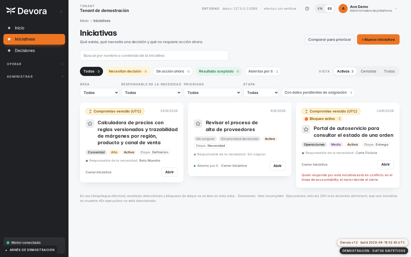 Listado de iniciativas en Devora: cada tarjeta con su área, prioridad, etapa, responsable y lo que está esperando.